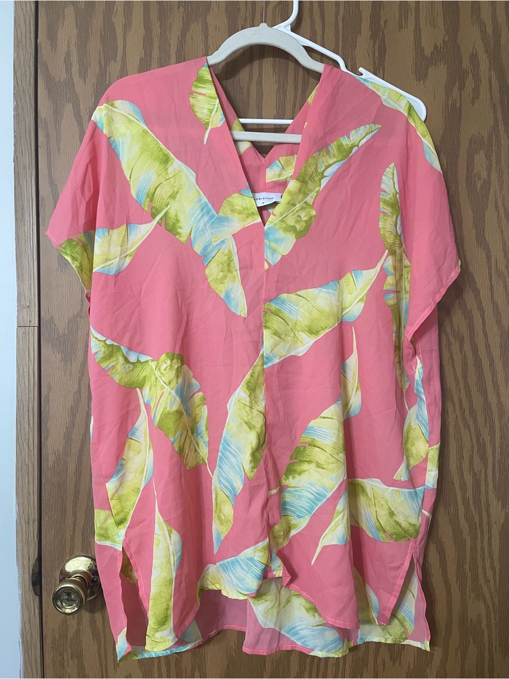 Adrienne Coral Pink Tropical Leaf Double V-Neck Blouse